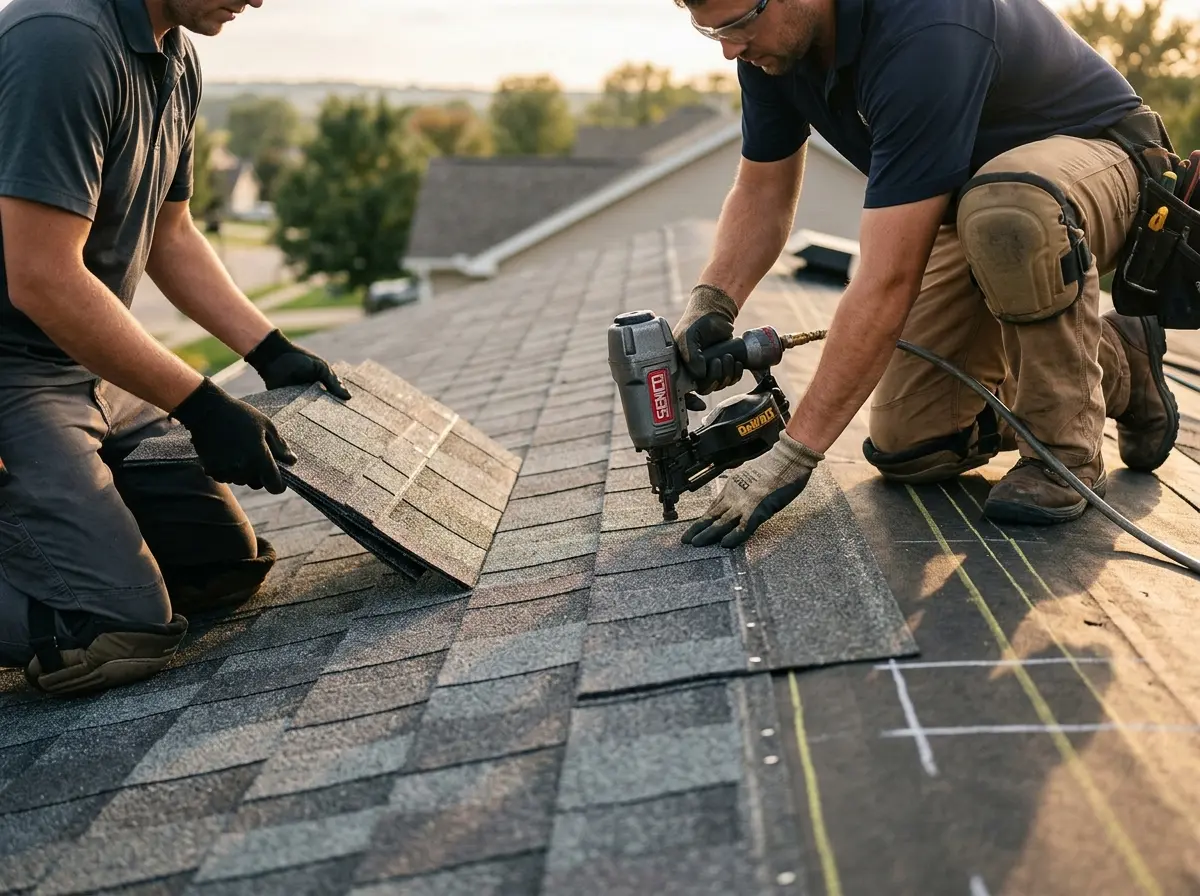 Professional roofer working on a residential roof in White House
